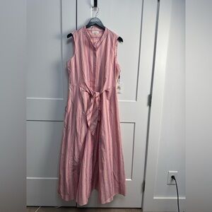 Calvin Klein Sleeveless Striped Maxi Shirt Dress Tie Front Pink NWT Size 12 FUN